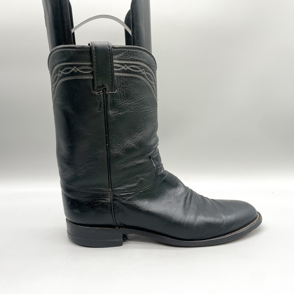 Justin Mens 10 D Western Cowboy Boots Round Toe Black Leather Rugged Classic